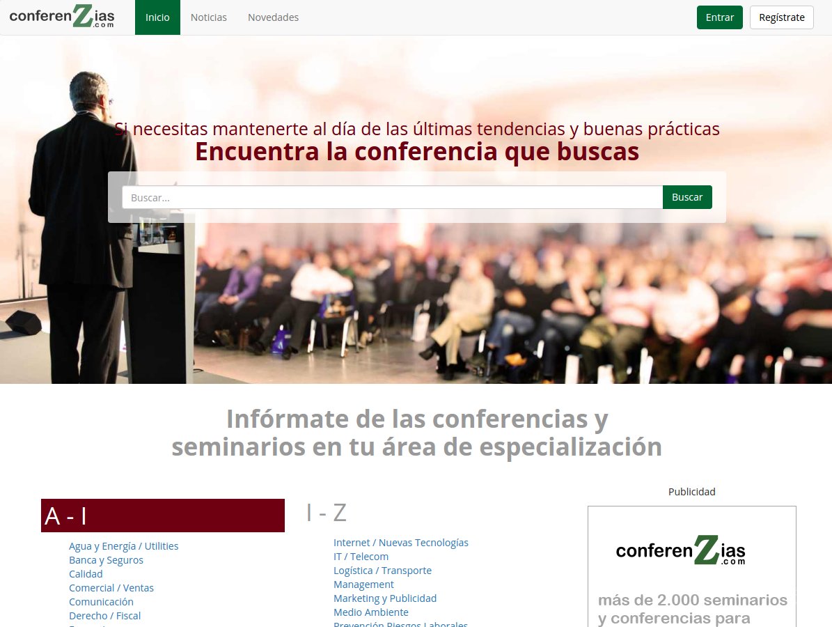 Imagen de la home de la web de conferenzias.com. Buscador de Conferencias, Seminarios, Ferias y Congresos